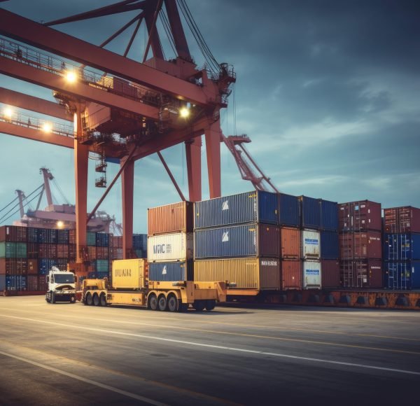 Logistics and transportation of Container Cargo ship and Cargo plane with working crane bridge in shipyard at sunrise, logistic import export and transport industry background.